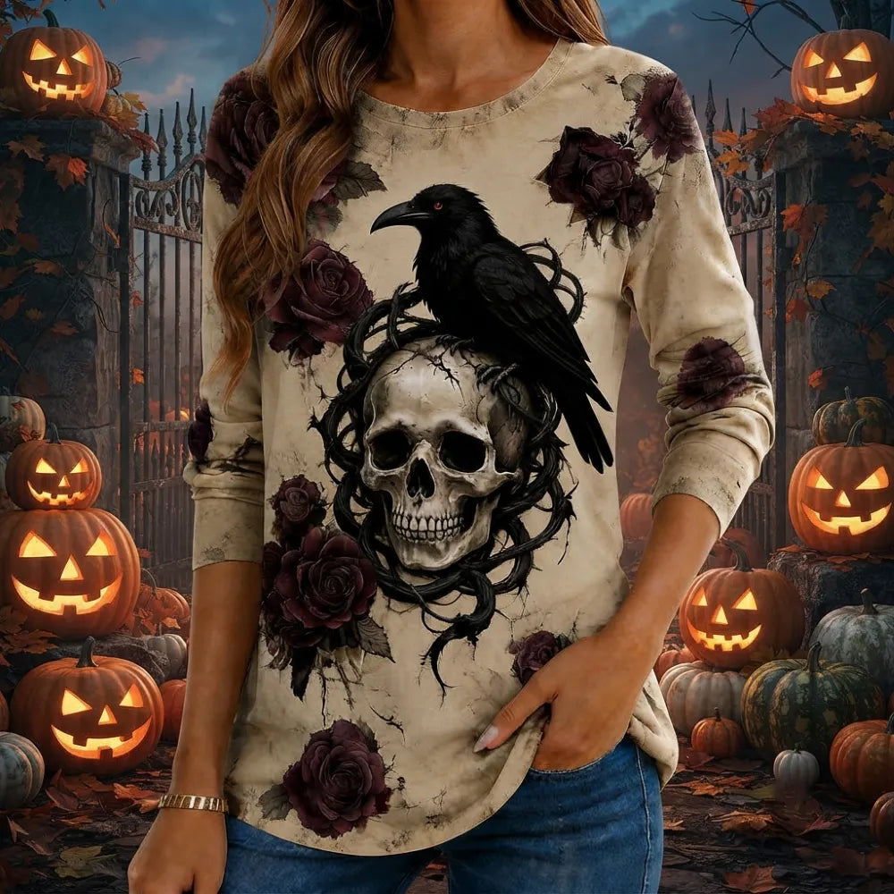 Women's Vintage Style Long Sleeve Tee With Skull, Crow, And Rose Print
