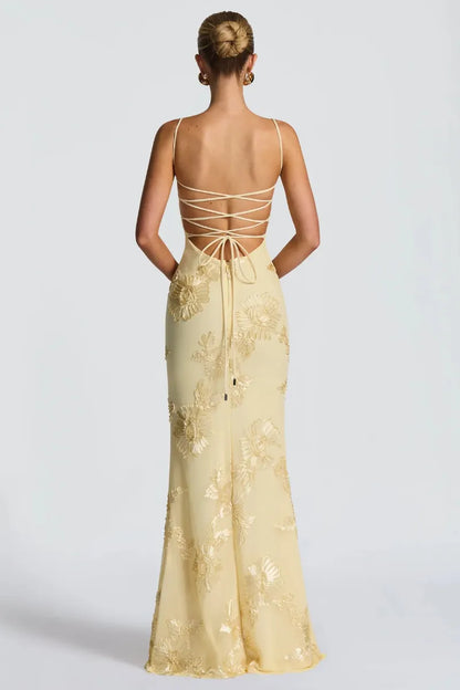 Yellow 3D Floral Mermaid Maxi Dress