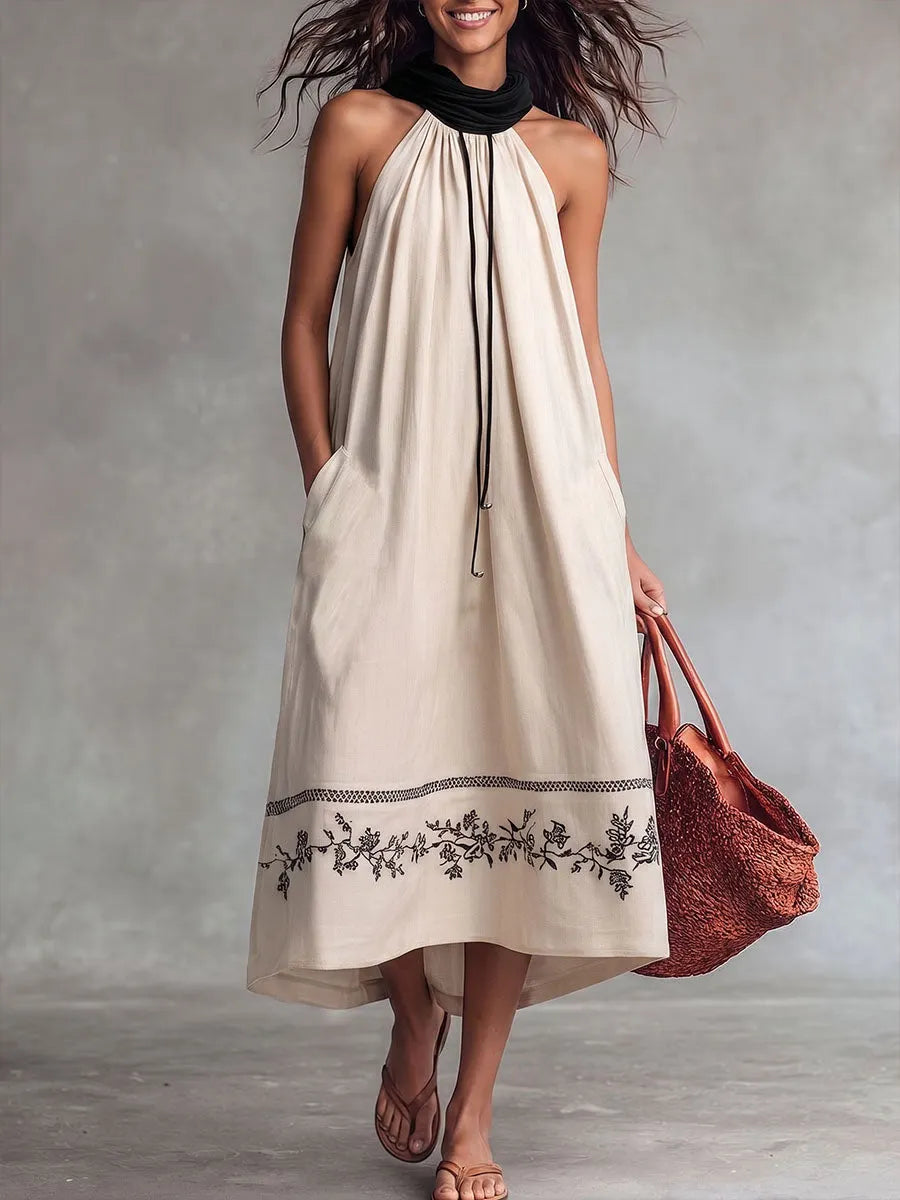 Women's Casual Loose Linen Sleeveless Dress With Placement Print And Slouchy Collar