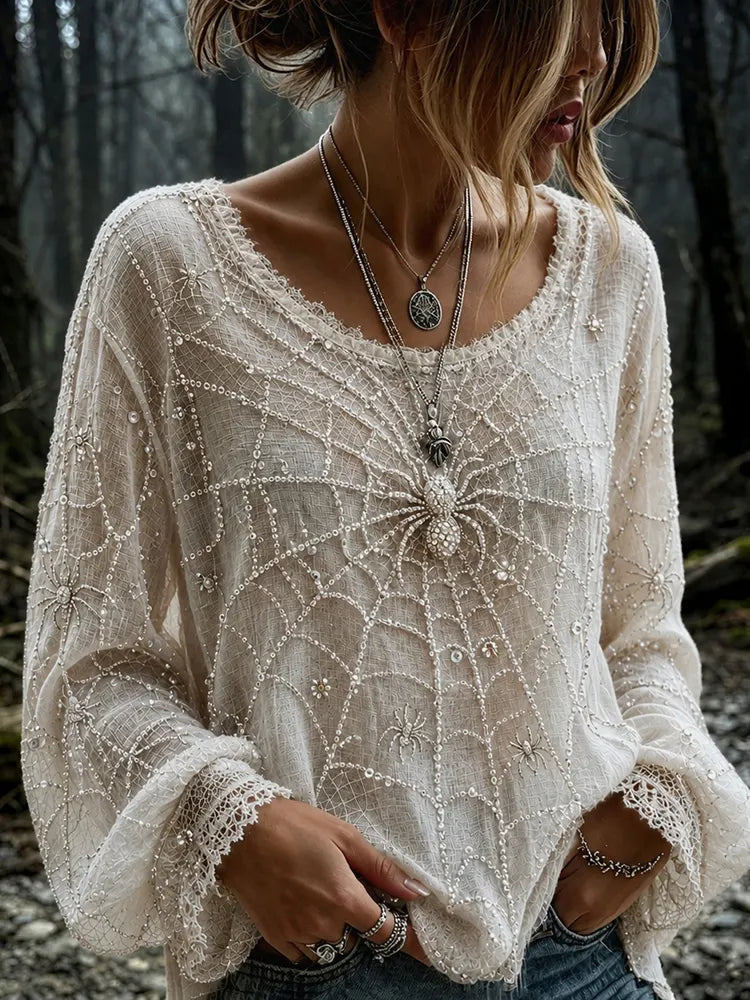Women's Vintage Halloween Spider And Web Embroidery Long Sleeve T-shirt