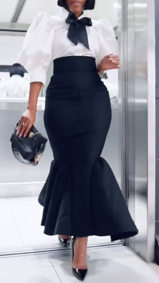 Black & White Bow Blouse + Mermaid Skirt Set