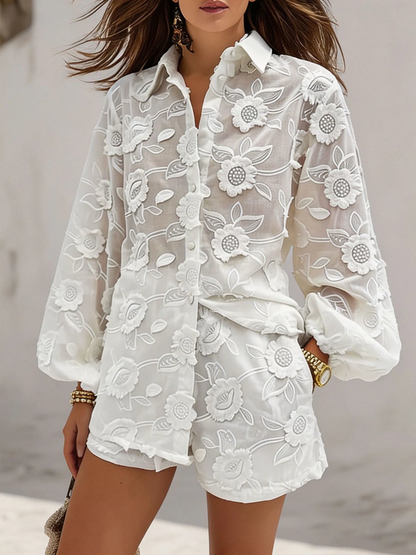 Womens 3D Floral Embroidery Sheer Shirt & Shorts Two Piece Set