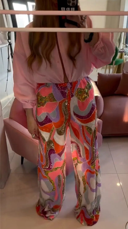 Women's Shirt & Colorful Sequin Trousers Set