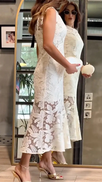 White Floral Lace Midi Dress