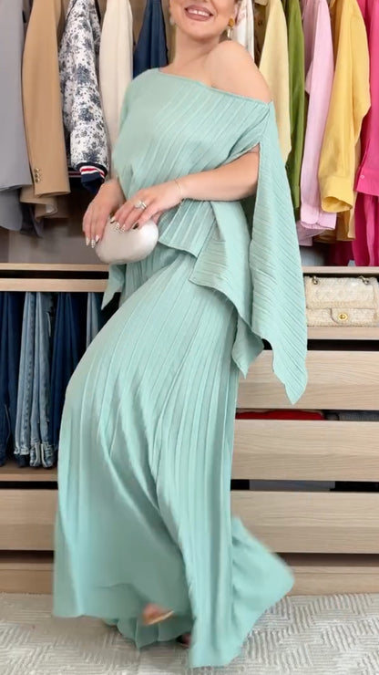 Pleated Cape Sleeve Top Wide Leg Pants Set