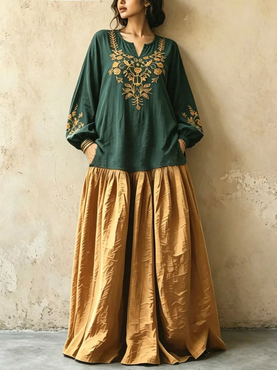 Women's Retro Ethnic Floral Art Casual Stylish V-collar Long Sleeve Cotton Linen Maxi Dress