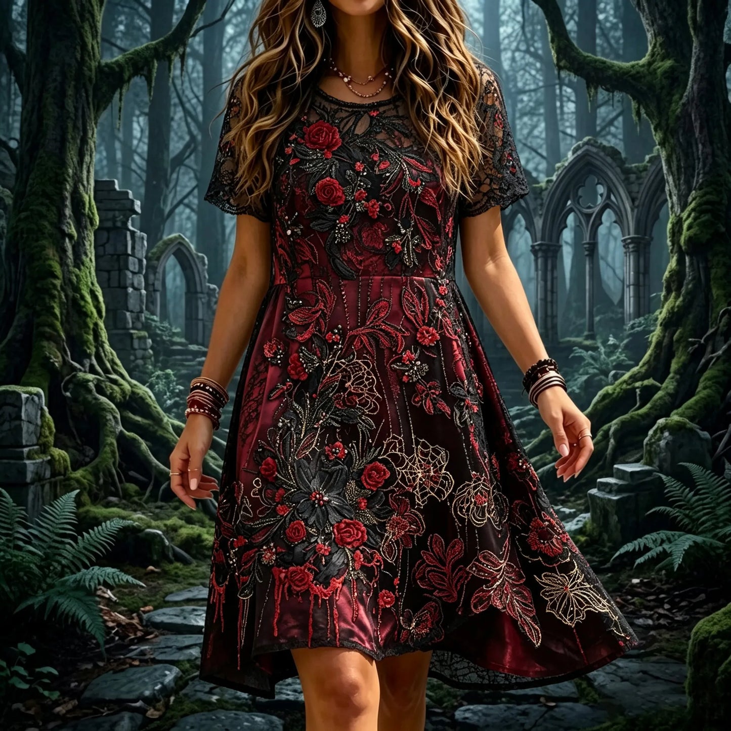 Women's Retro Halloween Themed Floral Embroidered Dress