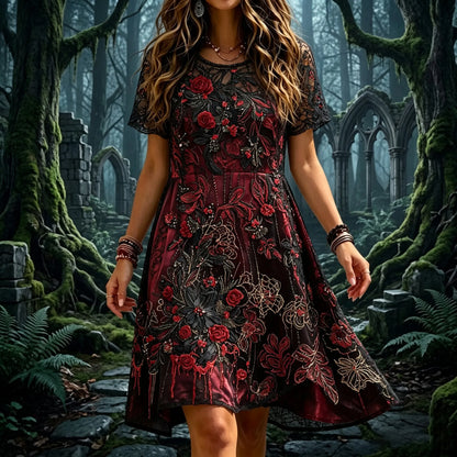 Women's Retro Halloween Themed Floral Embroidered Dress