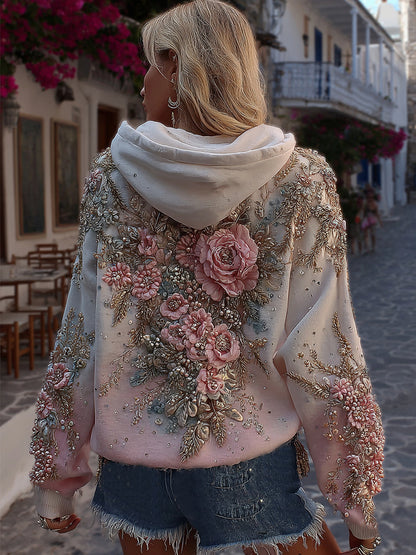 Women's Classic Rose Embroidery Art Comfy Hoodie