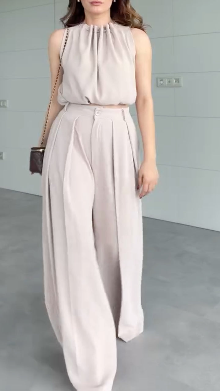 Beige Halter Neck Crop Top & Pleated Wide Leg Pants Set