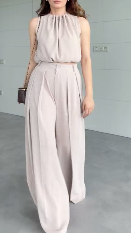Beige Halter Neck Crop Top & Pleated Wide Leg Pants Set