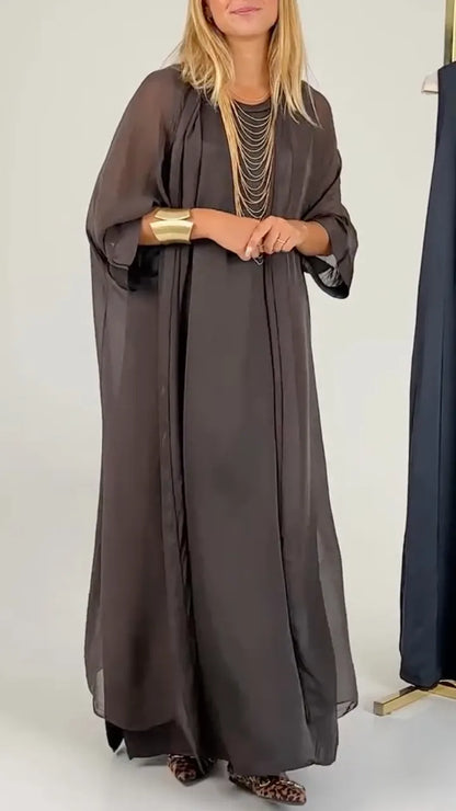 Sheer Chiffon Loose Maxi Robe And Satin Round Neck Long Dress Elegant Two Piece Set