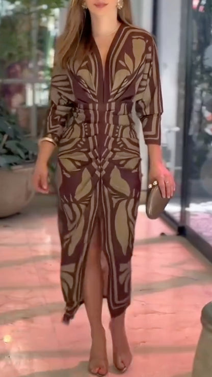 Brown V Neck Geometric Print Midi Dress