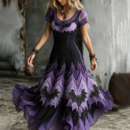 Women's Retro Halloween Bat Pattern Casual Dress