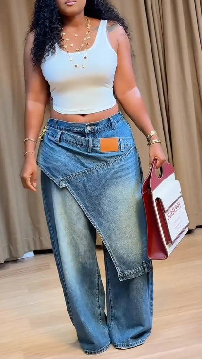 Asymmetric Wrap Skirt Panel Wide Leg Denim Pants
