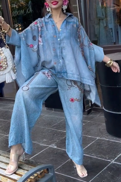 Vintage Washed Denim Printed Two Piece Set