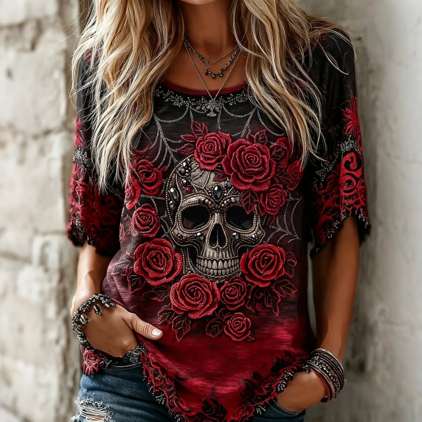 Vintage Gothic Skull Spider Flower Embroidery Short Sleeve Top