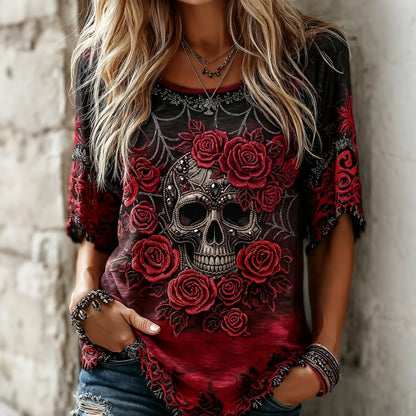 Vintage Gothic Skull Spider Flower Embroidery Short Sleeve Top