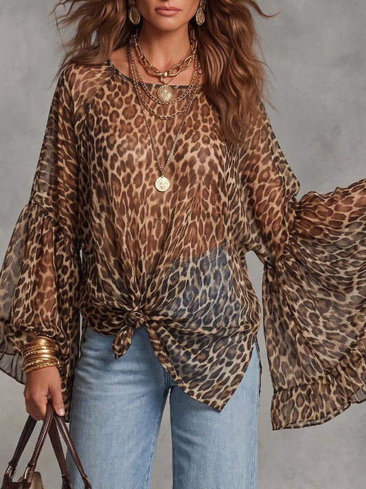 Vintage Elegant Color-Blocked Leopard Print Chiffon Bell Sleeves Shirt