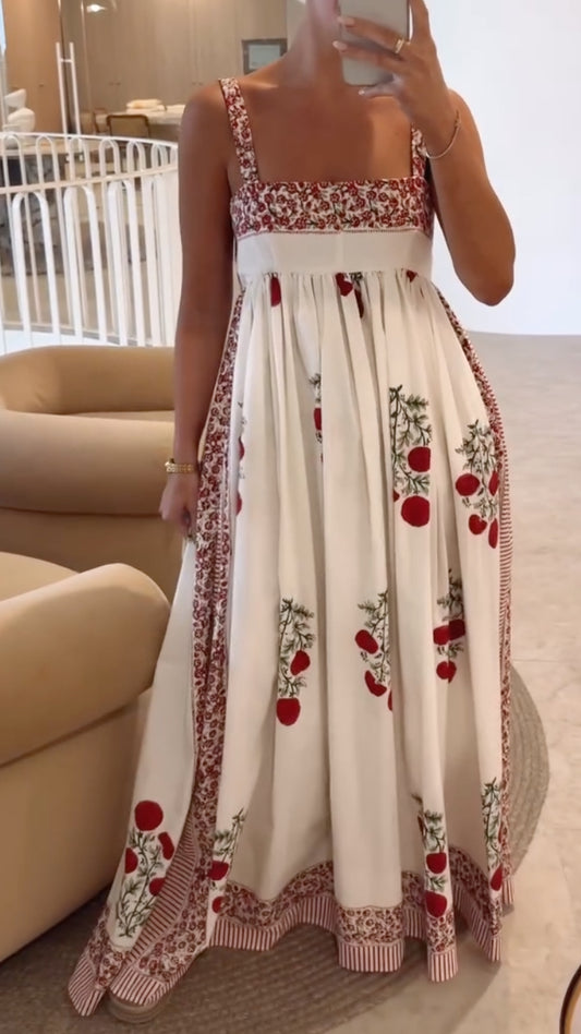 Women's Vacation-Style Floral Print Square-Neck Spaghetti Strap Maxi Dress