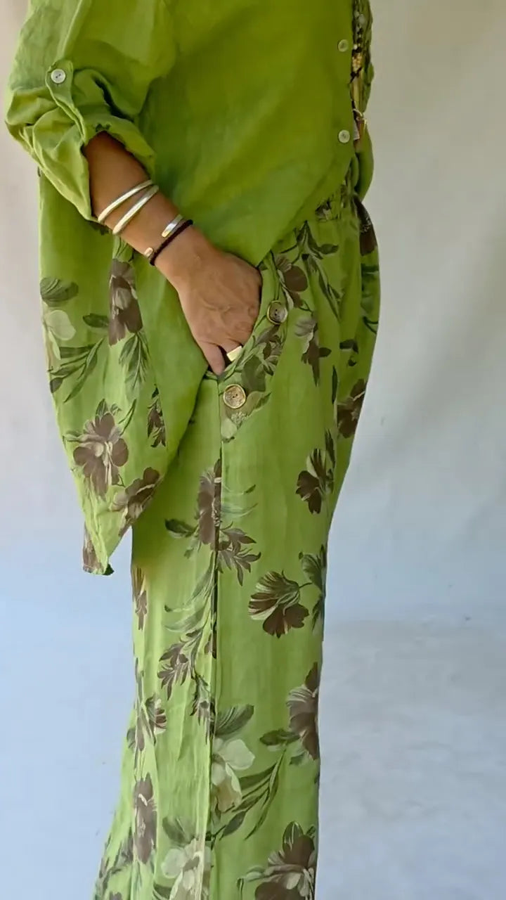 Green Oversized Linen Shirt & Floral Print Pants Co-Ord Set
