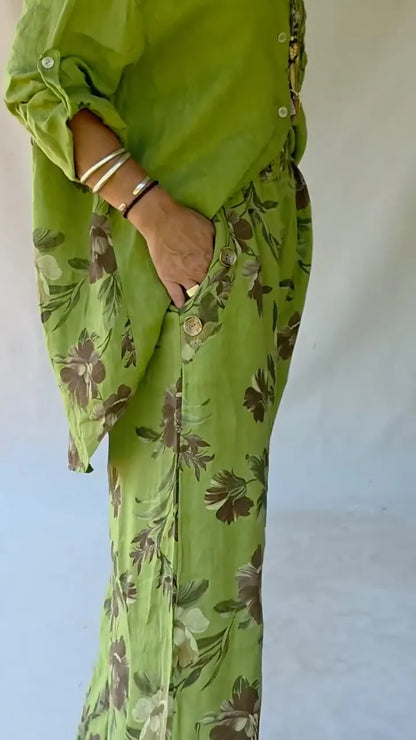 Green Oversized Linen Shirt & Floral Print Pants Co-Ord Set