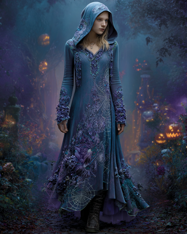 Halloween Themed Spiderweb Floral Embroidered Hooded Dress 37ff