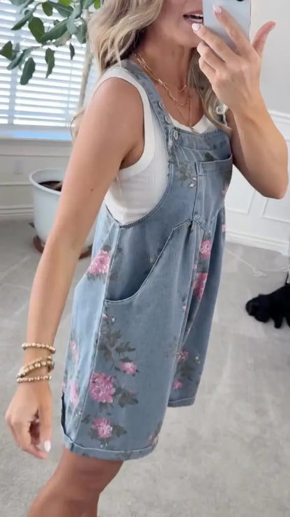 Retro Floral Denim Overall Shorts