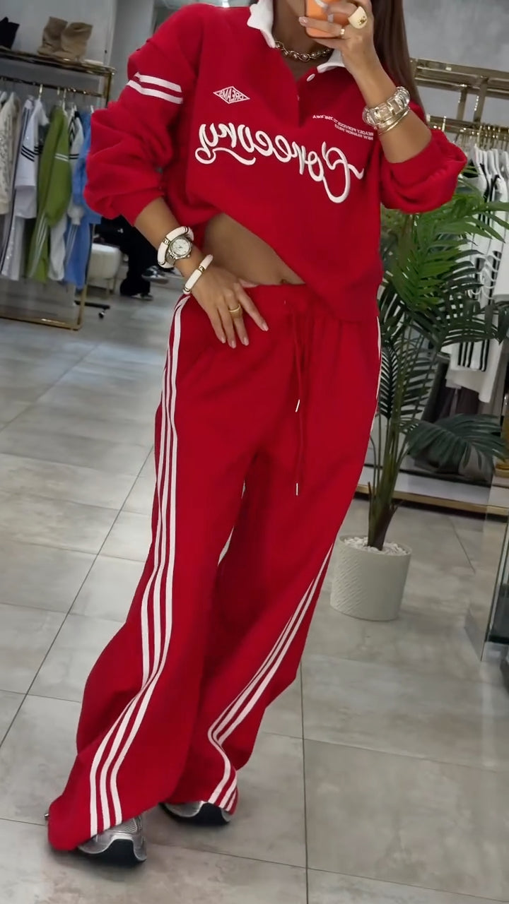 Red Cropped Polo Sweatshirt & Striped Pants Set
