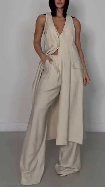 Beige Asymmetric Long Waistcoat Wide Leg Pants 3-Piece Set
