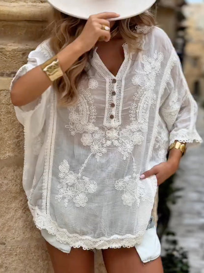 Floral Embroidered Lace Trim Boho Tunic Top