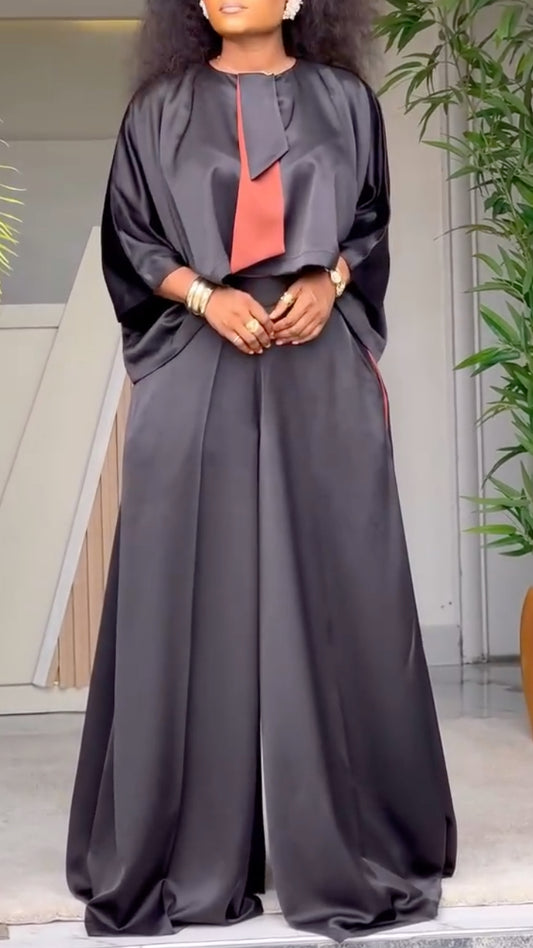 Satin Cape-Style Top & Wide-Leg Pants Set