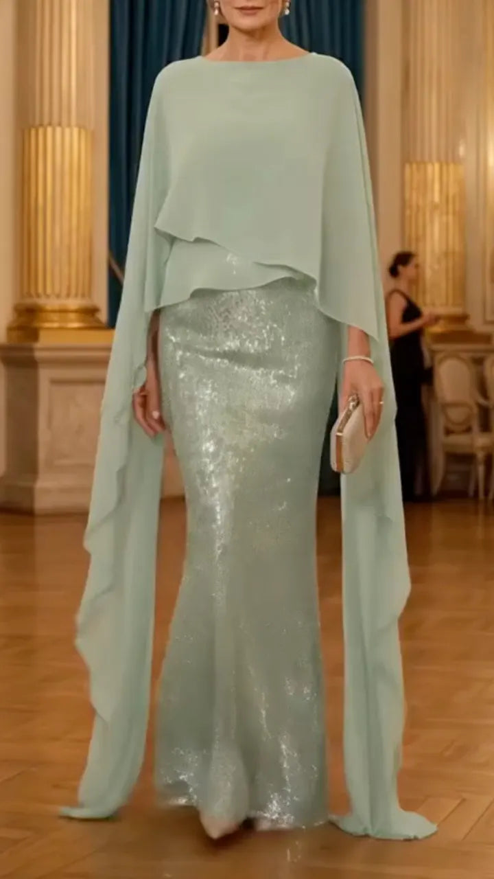 Mint Green Capelet Sequin Mermaid Gown