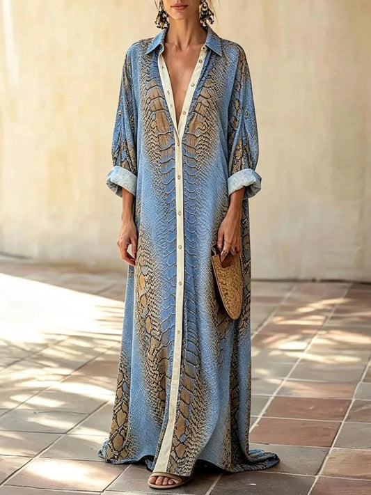 Women's Vintage Snake Skin Print Collared Button Down Long Shirt Cover Up Dress