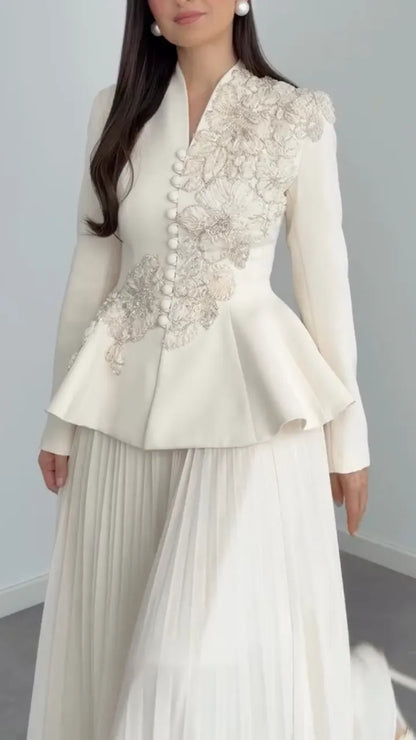 Lace Peplum Jacket & Pleated Maxi Skirt Co‑Ord Set
