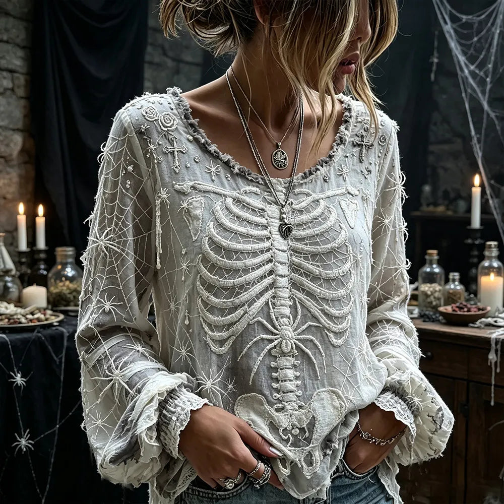 Women's Vintage Spider And Skull Art Distressed Crewneck Top