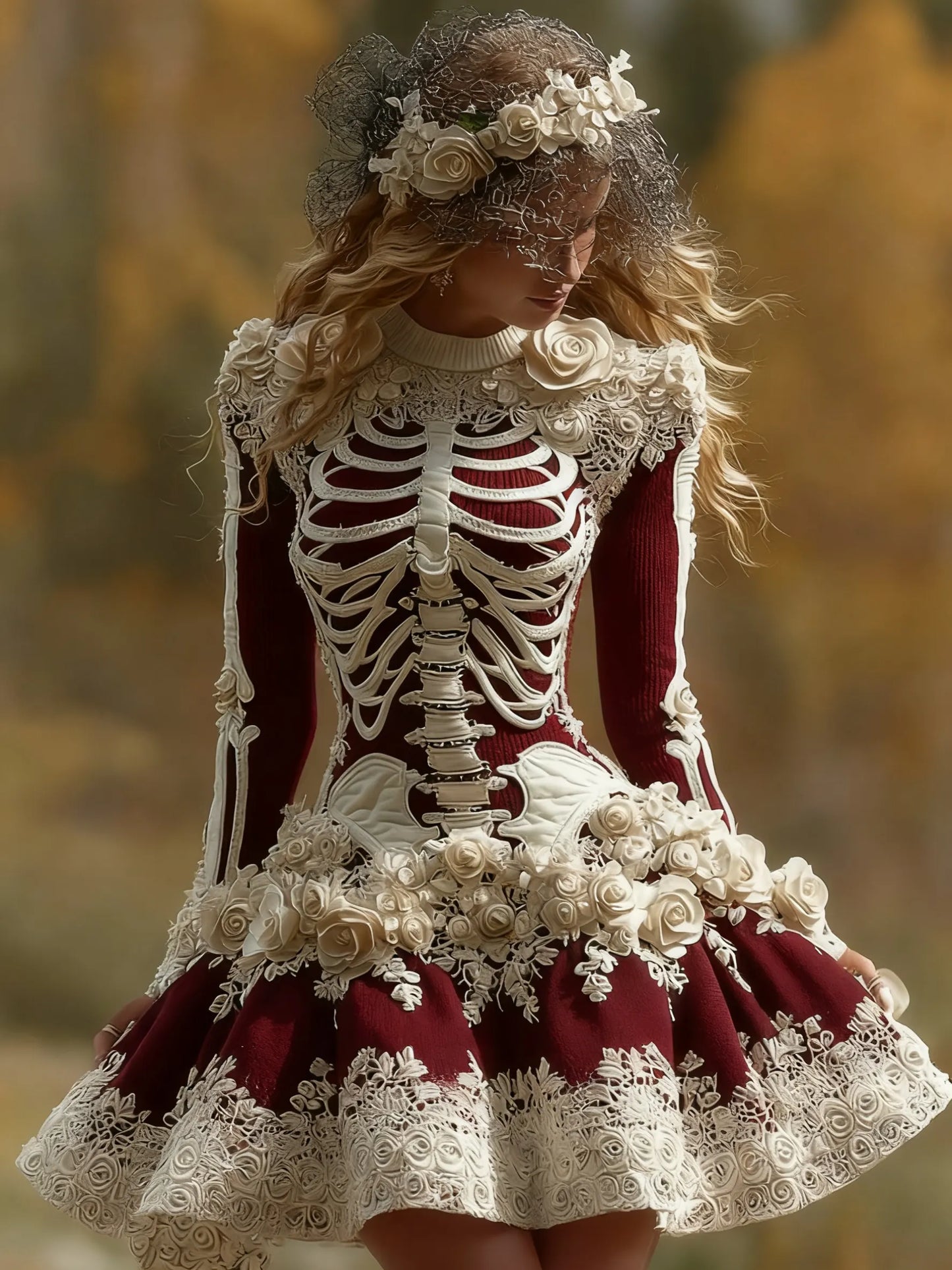 Women's Halloween Skeleton Bones With Rose Art Cozy Knit Mini Sweater Dress