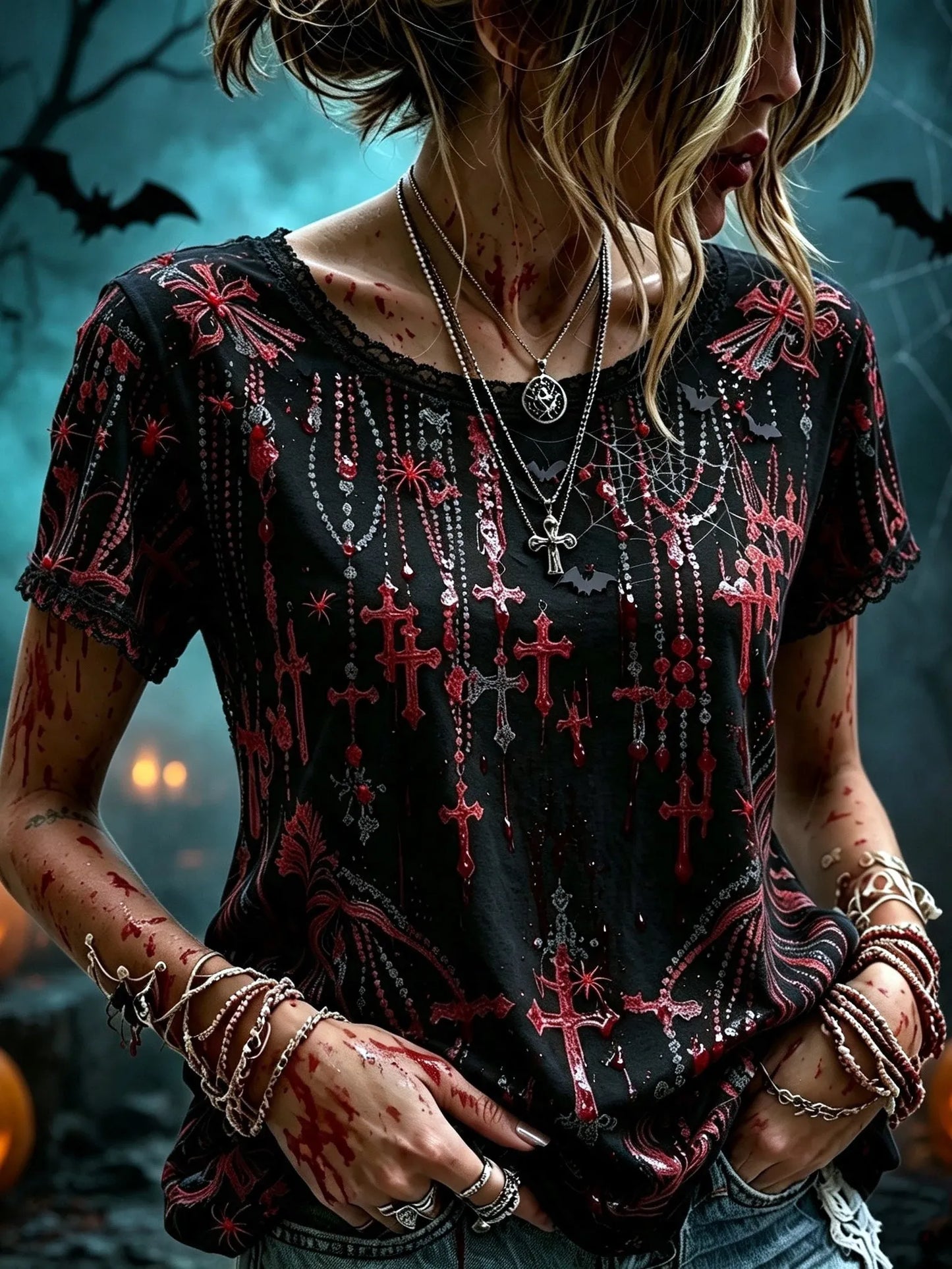 Women's Retro Halloween Style Cross Print Top