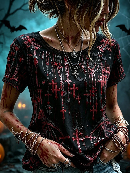 Women's Retro Halloween Style Cross Print Top