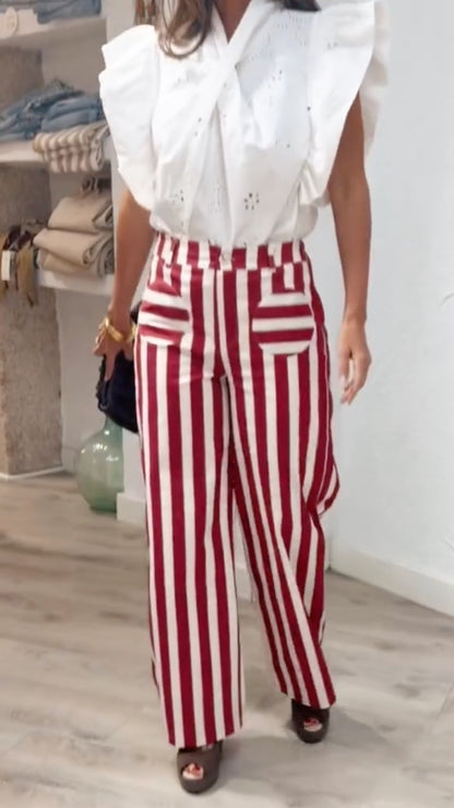 Women's Flutter-Sleeve Shirt & Striped Trousers Set