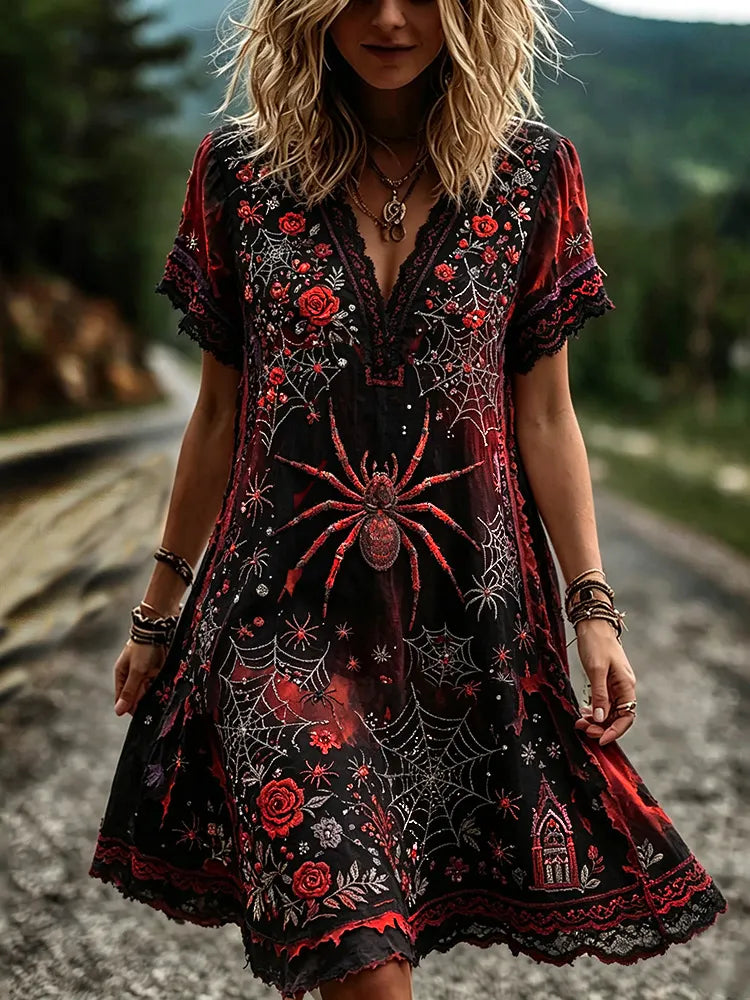 Vintage Halloween Spider And Rose Rhinestone V-neck Short Sleeve Dress
