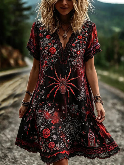 Vintage Halloween Spider And Rose Rhinestone V-neck Short Sleeve Dress