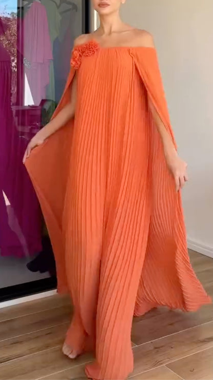 Orange Pleated Off-Shoulder Cape Dress