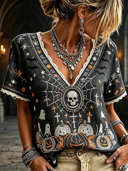 Women's Spooky Skull, Spiderweb, And Pumpkin Print Short Sleeve T-shirt
