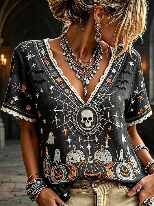 Women's Spooky Skull, Spiderweb, And Pumpkin Print Short Sleeve T-shirt