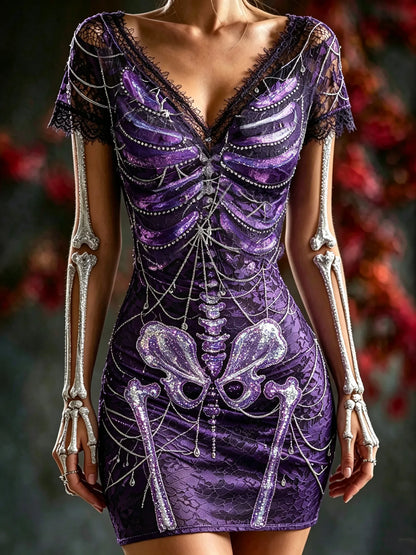 Women's Halloween Purple Skeleton And Spiderweb Pattern Casual Bodycon Dress