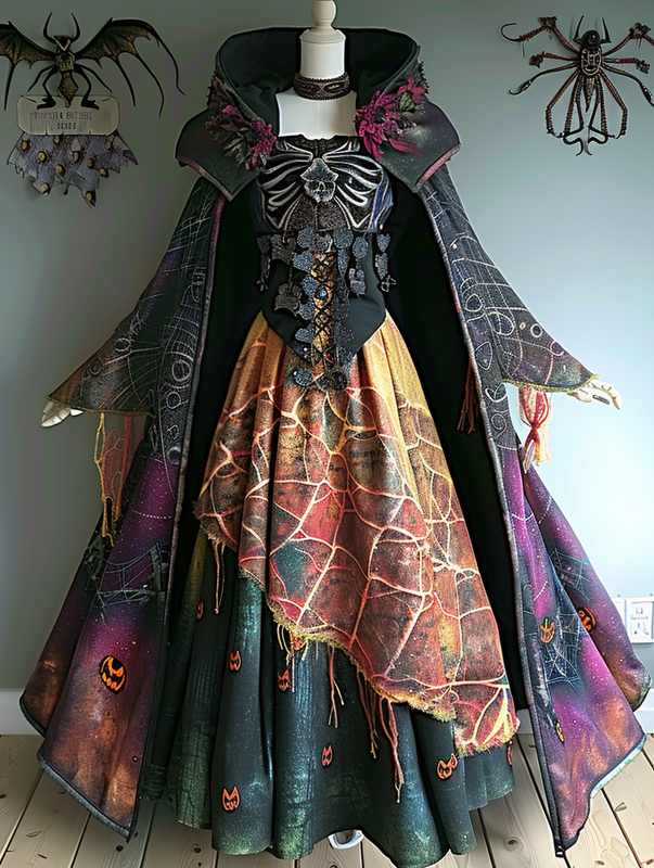 WOMEN'S HALLOWEEN PARTY CONTRAST COLOR LOOSE WIDE SLEEVE CAPE DRESS b2b0