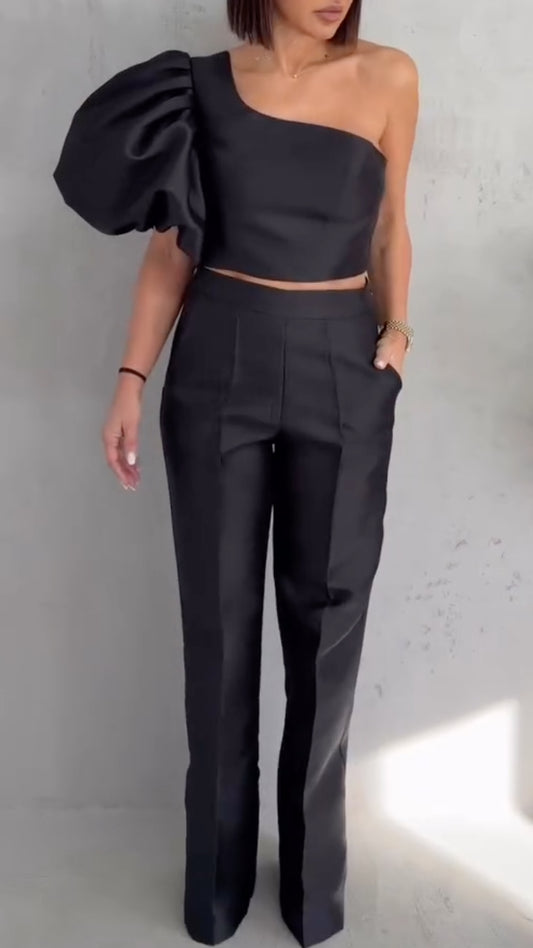 One Shoulder Puff Sleeve Crop Top &  Straight Pants Two Piece Set