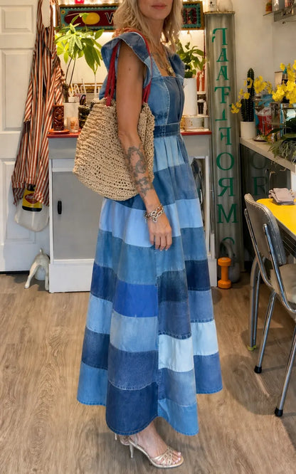 Ombré Color-block Denim Maxi Dress with Square Neckline, Flutter Sleeves, and Flared Hem