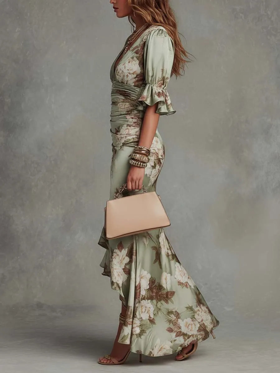 Green Floral Ruffled Bell Sleeve V-neck Satin Asymmetrical Maxi Dress